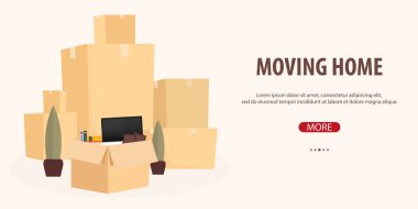 Ev taşıma, biz taşınır. Kutuları ile kamyon hareket. Vektör karikatür tarzı çizim.