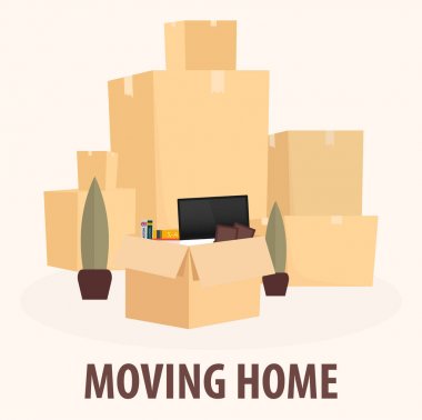 Ev taşıma, biz taşınır. Kutuları ile kamyon hareket. Vektör karikatür tarzı çizim.