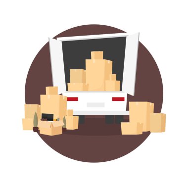 Ev taşıma, biz taşınır. Kutuları ile kamyon hareket. Vektör karikatür tarzı çizim.