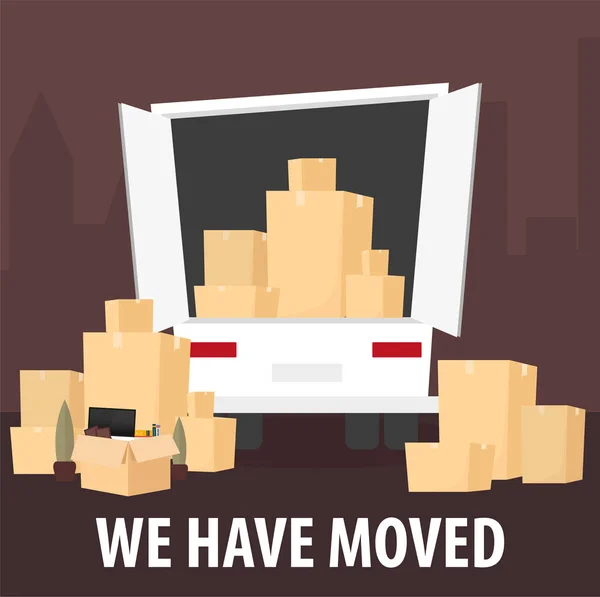 Moving Home, We are moved. Moving Truck with Boxes. Vector cartoon style illustration.