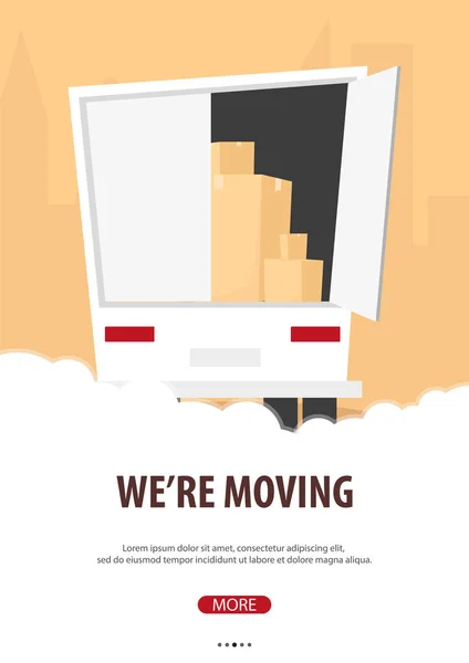 Trasferirsi a casa, siamo commossi. Camion in movimento con scatole. Illustrazione in stile cartone animato vettoriale . — Vettoriale Stock