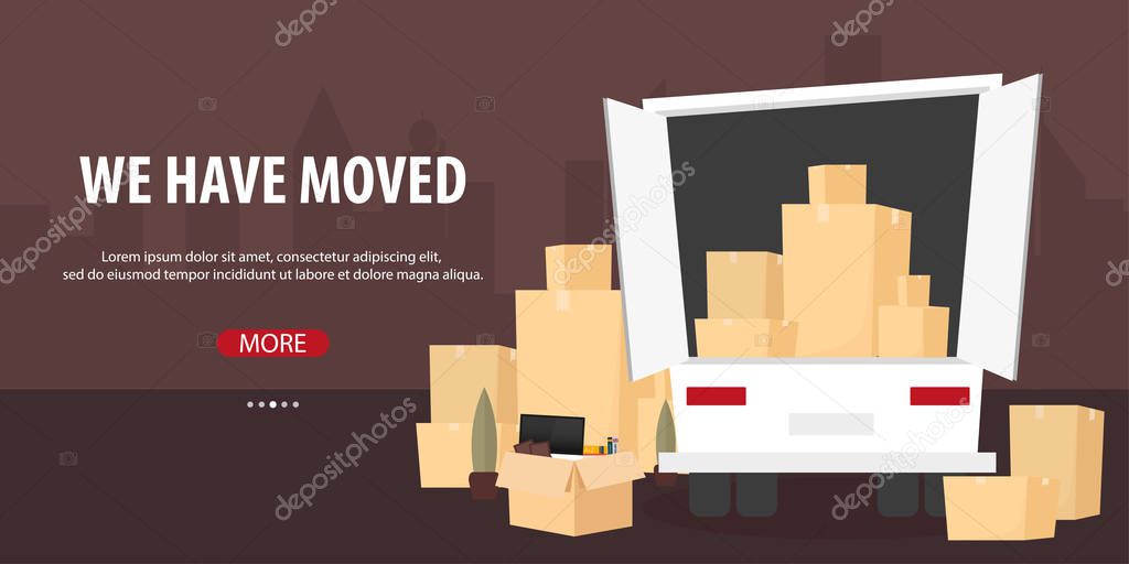Moving Home, We are moved. Moving Truck with Boxes. Vector cartoon style illustration.