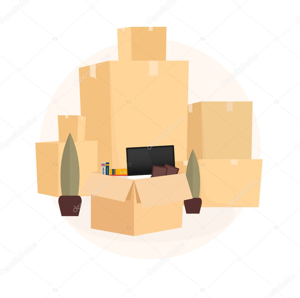 Moving Home, We are moved. Moving Truck with Boxes. Vector cartoon style illustration.