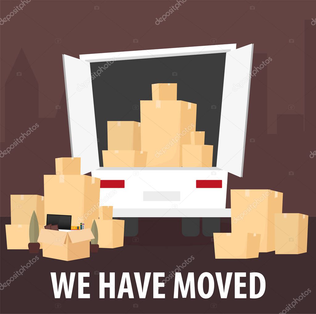 Moving Home, We are moved. Moving Truck with Boxes. Vector cartoon style illustration.