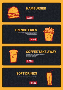 Lezzetli yemeklerle dolu Fastfood Menü afişleri. El çizimi karalama arkaplanı.