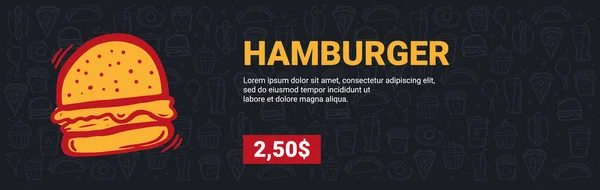 Fastfood menu s Hamburgerem. Ručně kreslit kreslit pozadí. — Stockový vektor
