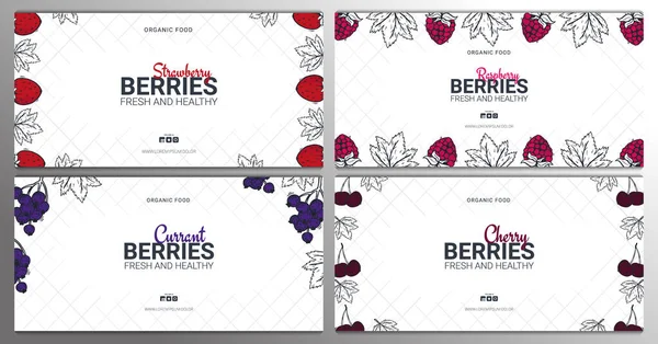 Sert of Berries banners com framboesas, morangos, groselhas e cerejas. Modelo de design de alimentos com baga . —  Vetores de Stock