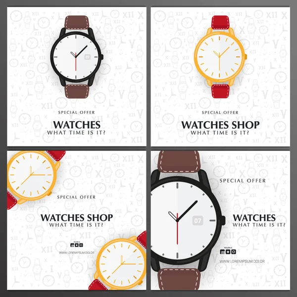 Set horloges Shop banners met handtekenen doodle achtergrond. — Stockvector