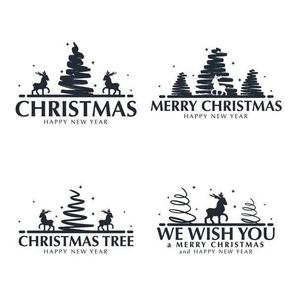 Zestaw świątecznych emblematów powitalnych z ręcznie rysować drzewa i jelenie. — Wektor stockowy