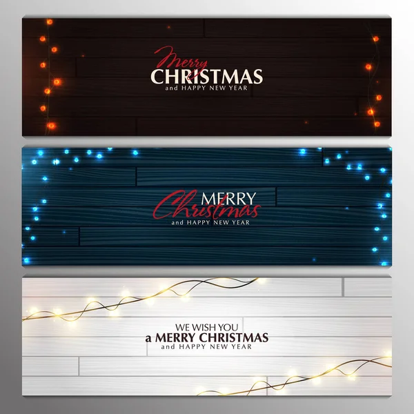 Set of Christmas banners. Wooden Xmas Background design of sparkling lights garland. New Year Poster, greeting cards, headers, website. — Stock Vector