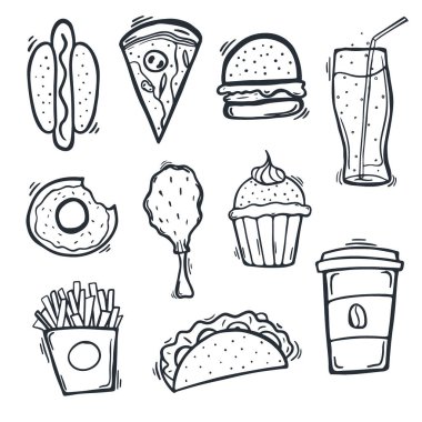 Fast food lezzetli yemekler. Hamburger, patates kızartması, meşrubat ve kahve..