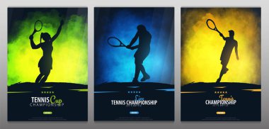 Tenis Şampiyonası afişleri ya da posterleri. Oyuncular ve raketlerle dizayn edilmiş. Vektör illüstrasyonu.
