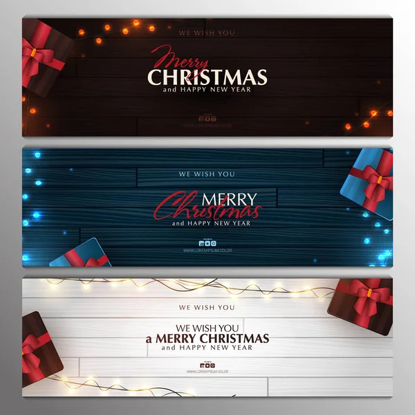 Set of Christmas banners. Wooden Xmas Background design of sparkling lights garland, with gifts box. New Year Poster, greeting cards, headers, website. — Stock Vector