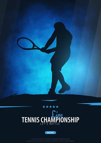 Banner ou cartaz do Campeonato de Tênis, design com jogador e raquete. Ilustração vetorial . — Vetor de Stock