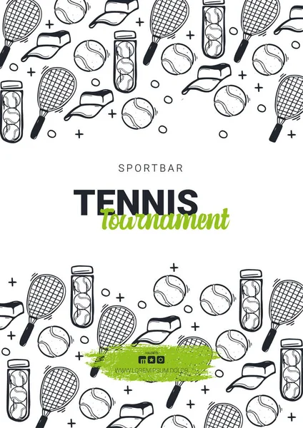 Bannière de tennis avec fond doodle dessiné à la main . — Image vectorielle