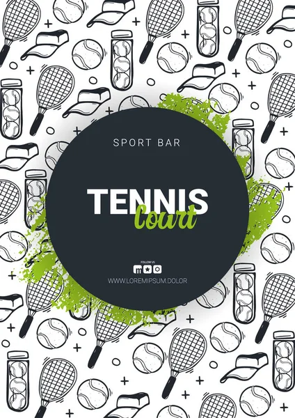 Bannière de tennis avec fond doodle dessiné à la main . — Image vectorielle