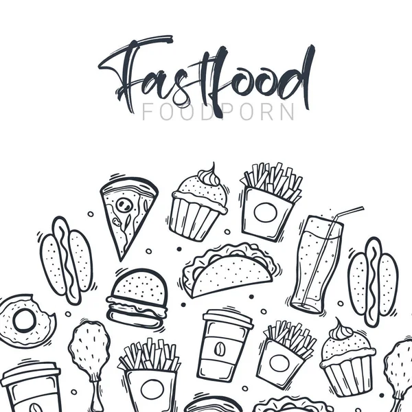 Баннер FastFood с вкусными блюдами. Бургер, картошка фри, безалкогольные напитки и кофе. Ручной рисунок . — стоковый вектор