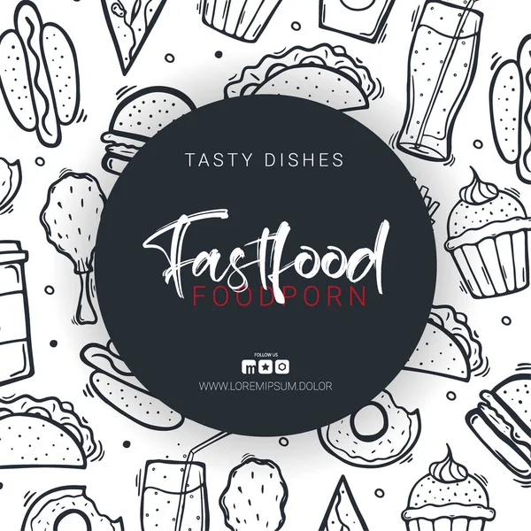 Fastfood banner ízletes ételekkel. Burger, sült krumpli, üdítő és kávé. Kézzel rajzolni doodle háttér. — Stock Vector