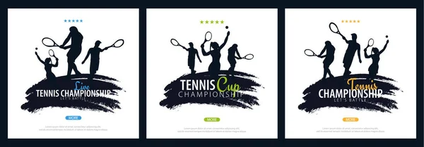 Conjunto de banners do Campeonato de Tênis, design com jogador e raquete em fundo branco. Ilustração vetorial . —  Vetores de Stock