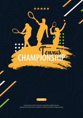 Tenis Şampiyonası afişi, oyunculu tasarım ve arka planda raket. Vektör illüstrasyonu.