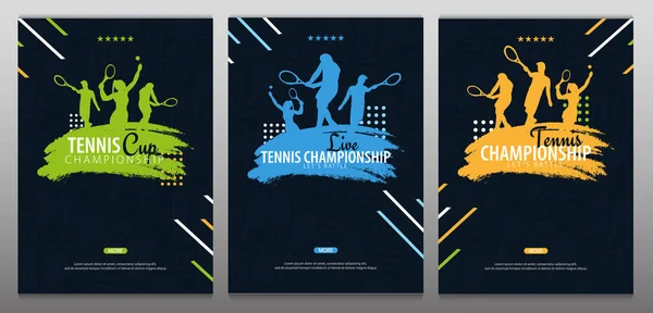 Set med Tennis Championship banners, design med spelare och racket på mörk bakgrund. Vektorillustration. — Stock vektor