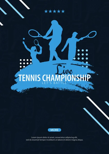 Banner de campeonato de tênis, design com jogador e raquete em fundo escuro. Ilustração vetorial . — Vetor de Stock