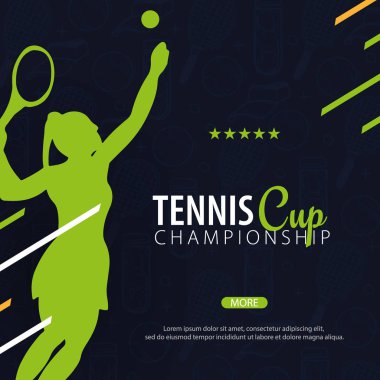 Tenis Şampiyonası afişi, oyunculu tasarım ve arka planda raket. Vektör illüstrasyonu.