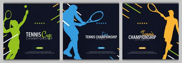 Ensemble de bannières de championnat de tennis, design avec joueur et raquette sur fond sombre. Illustration vectorielle . — Image vectorielle