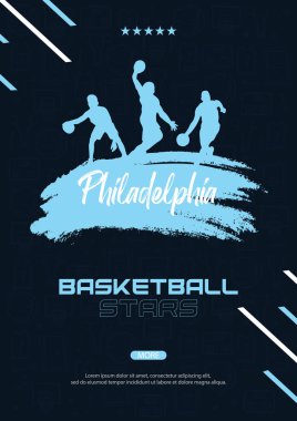 Oyuncular ve el çizimi arka planı olan basketbol afişi. Modern spor posterleri tasarımı.