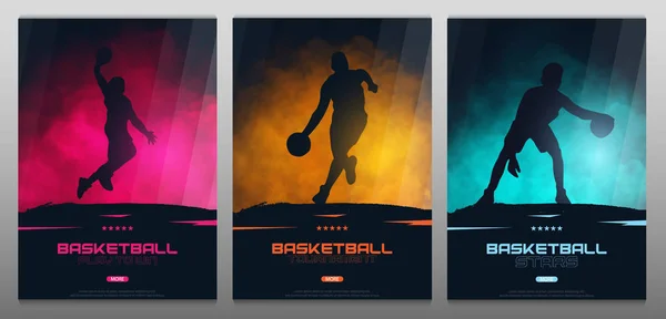 Conjunto de banderas de baloncesto con jugadores. Diseño de carteles deportivos modernos . — Vector de stock