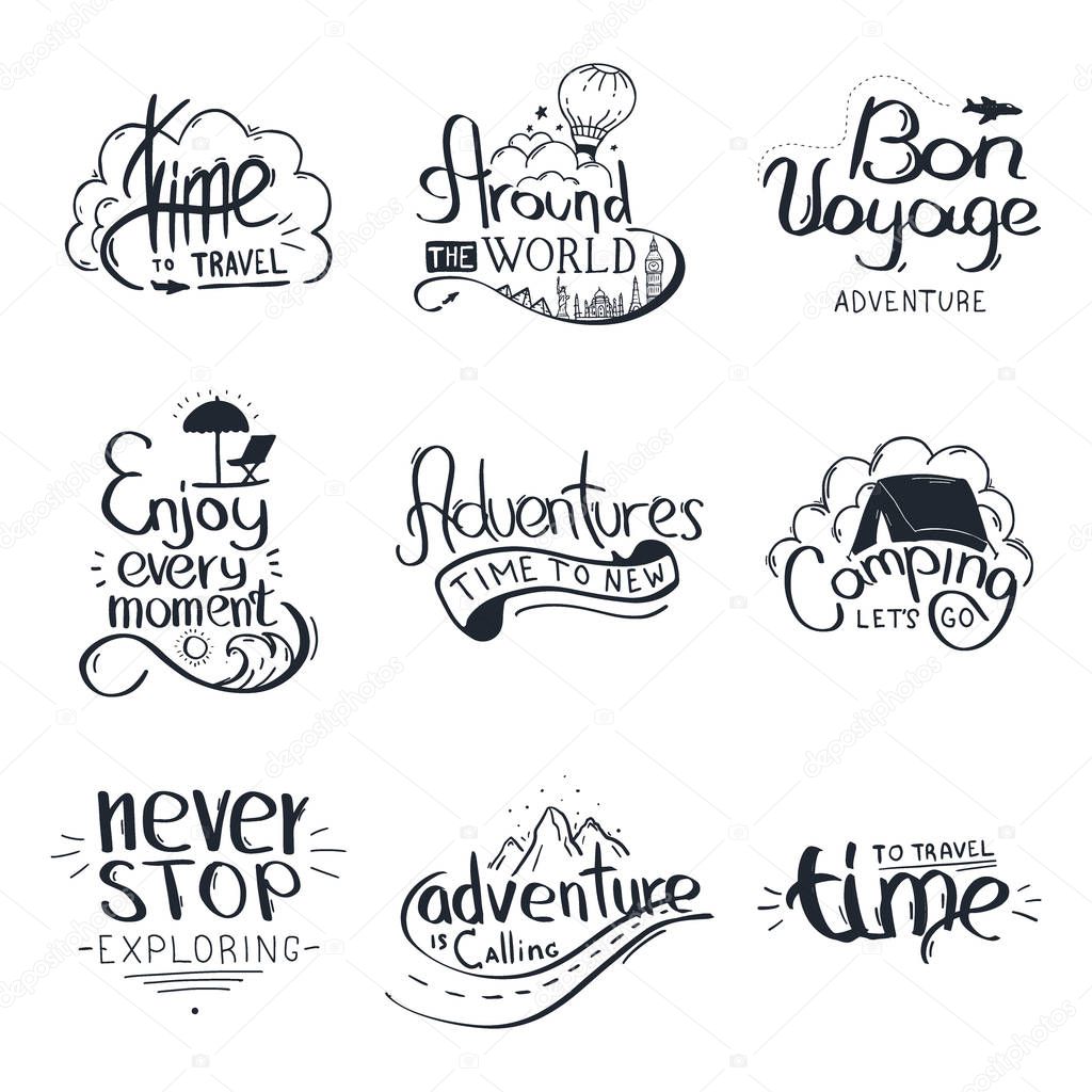 Set of Travel lettering. Travel life style inspiration quotes. Motivational typography. Calligraphy graphic design element