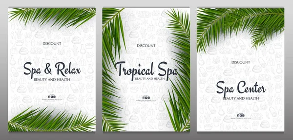 Set of Spa and Relax banners with palm leaves and hand draw doodle background. — 스톡 벡터