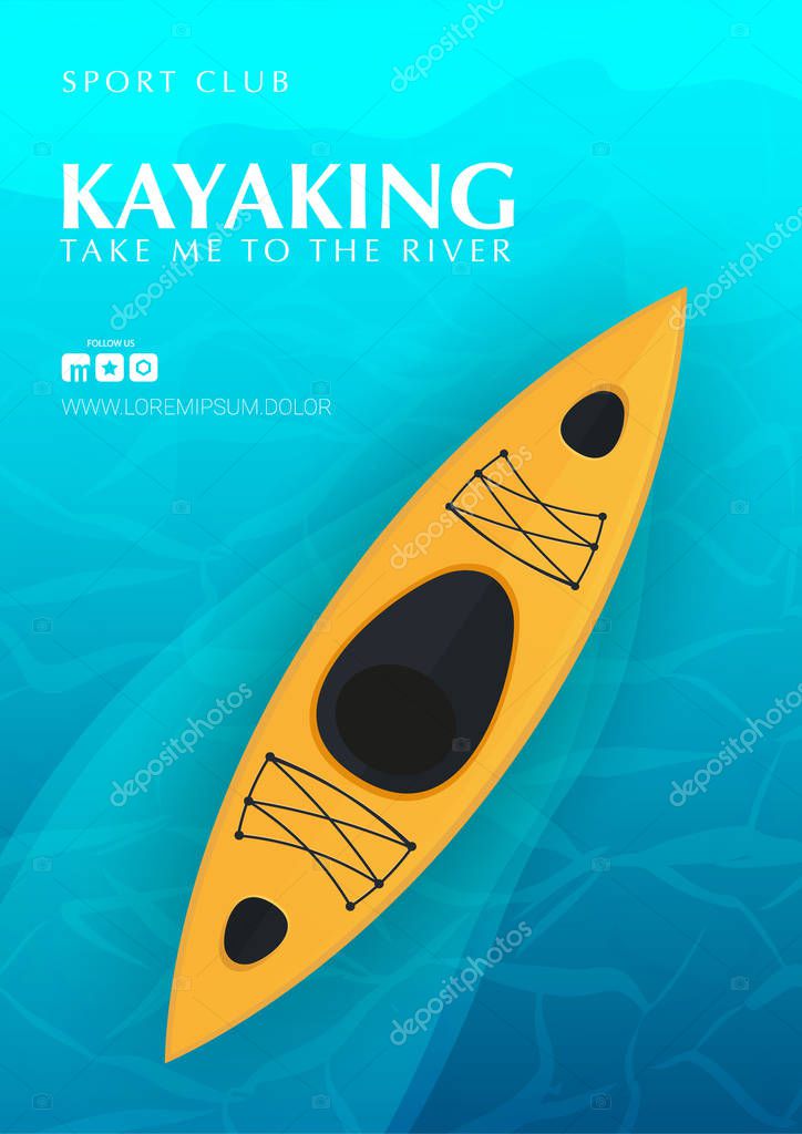 Kayaking banner with top view on the yellow kayak. Summer Sea activities