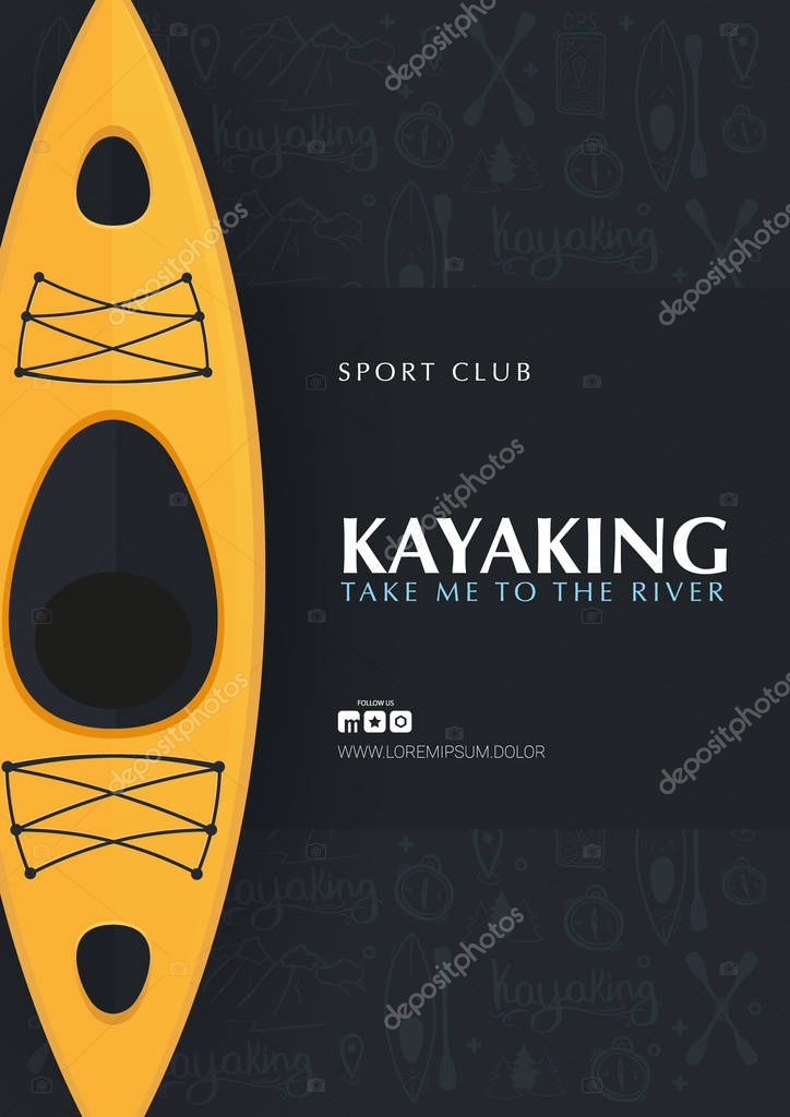 Kayaking or rafting banner with yellow kayak and hand draw doodle background