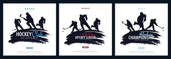 Set med Ishockey banderoller med spelare och Stick. — Stock vektor