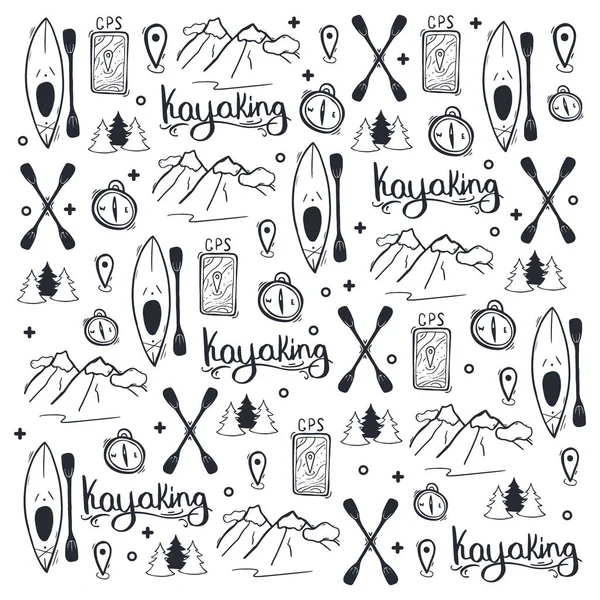 Kayaking or rafting hand draw doodle background. — Stock Vector