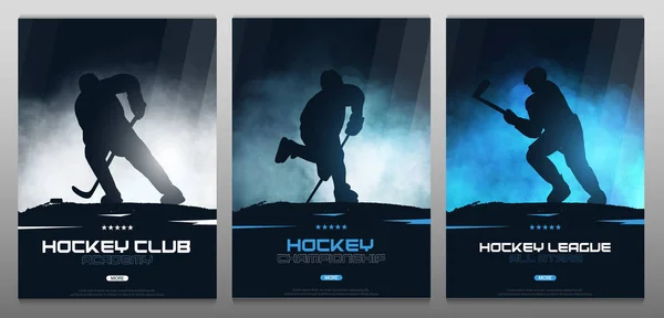 Set di poster di hockey su ghiaccio con giocatori e bastone . — Vettoriale Stock