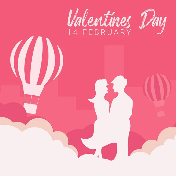 Πανό Ημέρα του Αγίου Βαλεντίνου με ζευγάρι στην αγάπη και αερόστατο στο ροζ φόντο. — Διανυσματικό Αρχείο
