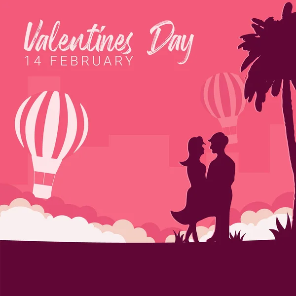 Πανό Ημέρα του Αγίου Βαλεντίνου με ζευγάρι στην αγάπη, παλάμες και αερόστατο στο ροζ φόντο. — Διανυσματικό Αρχείο
