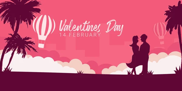 Banner de San Valentín con pareja enamorada, palmeras y globo aerostático sobre fondo rosa . — Vector de stock