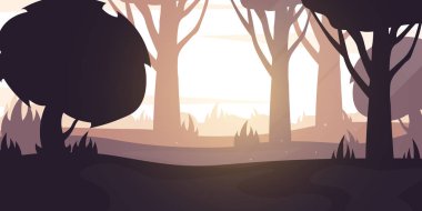 Forest Sunset or Sunrise landscape Background in the sunshine. Vector Illustration.