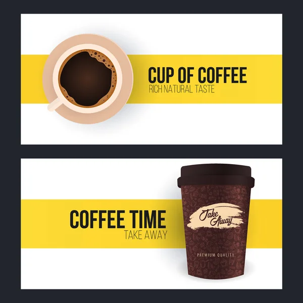 Tasse Kaffee vorhanden. Set Coffee Time Banner auf weißem und gelbem Hintergrund. — Stockvektor