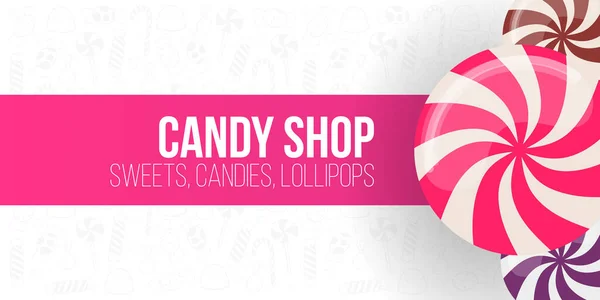 Candy Shop rosa Banner mit Süßigkeiten auf der Hand ziehen Doodle Hintergrund. — Stockvektor