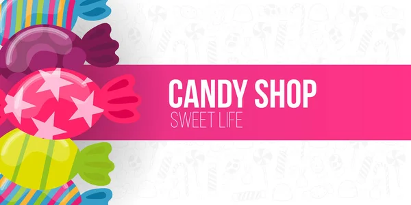 Candy Shop rosa Banner mit Süßigkeiten auf der Hand ziehen Doodle Hintergrund. — Stockvektor