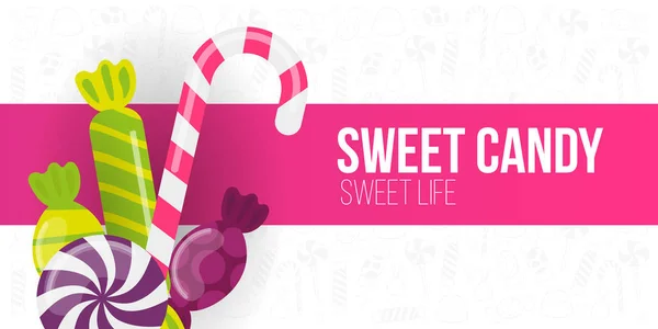 Candy Shop różowy baner ze słodyczami na tle rysować bazgroły. — Wektor stockowy