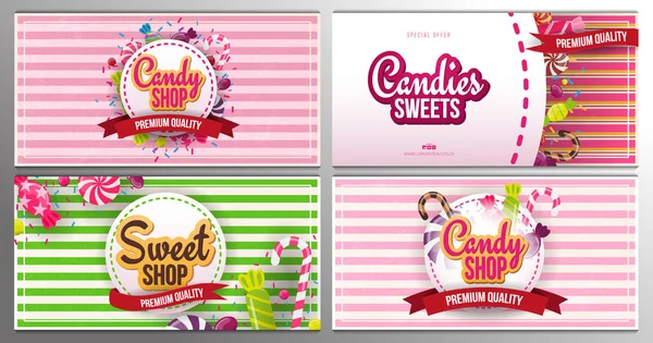 Conjunto de banners Candy Shop com doces no fundo retro . — Vetor de Stock