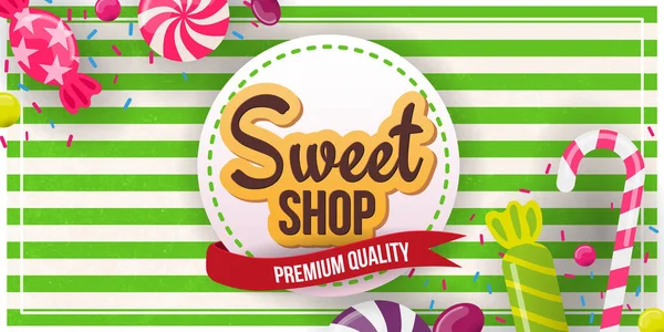 Candy Shop Banner mit Süßigkeiten auf dem Retro-Hintergrund. — Stockvektor