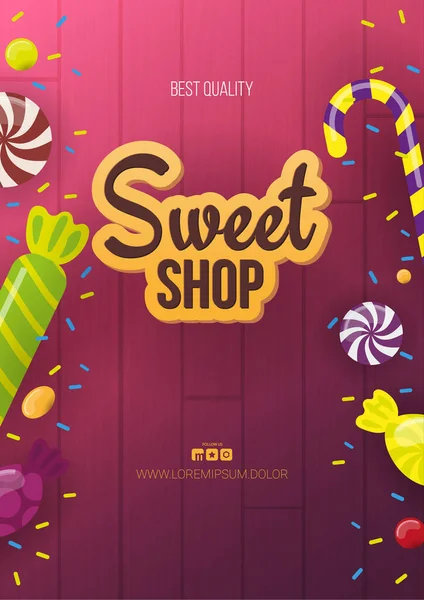 Candy Shop banner with sweets on the wooden background. — Stock Vector
