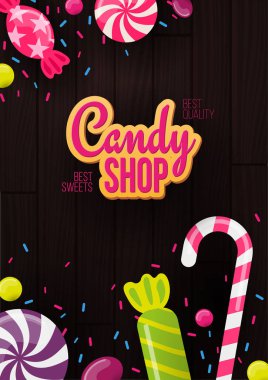 Şekerci bayrağı ve ahşap arka planda tatlılar.