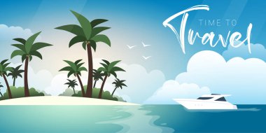 Palmiyeli Tropik Ada Plajı. Yaz zamanı. Güzel Deniz Manzarası.